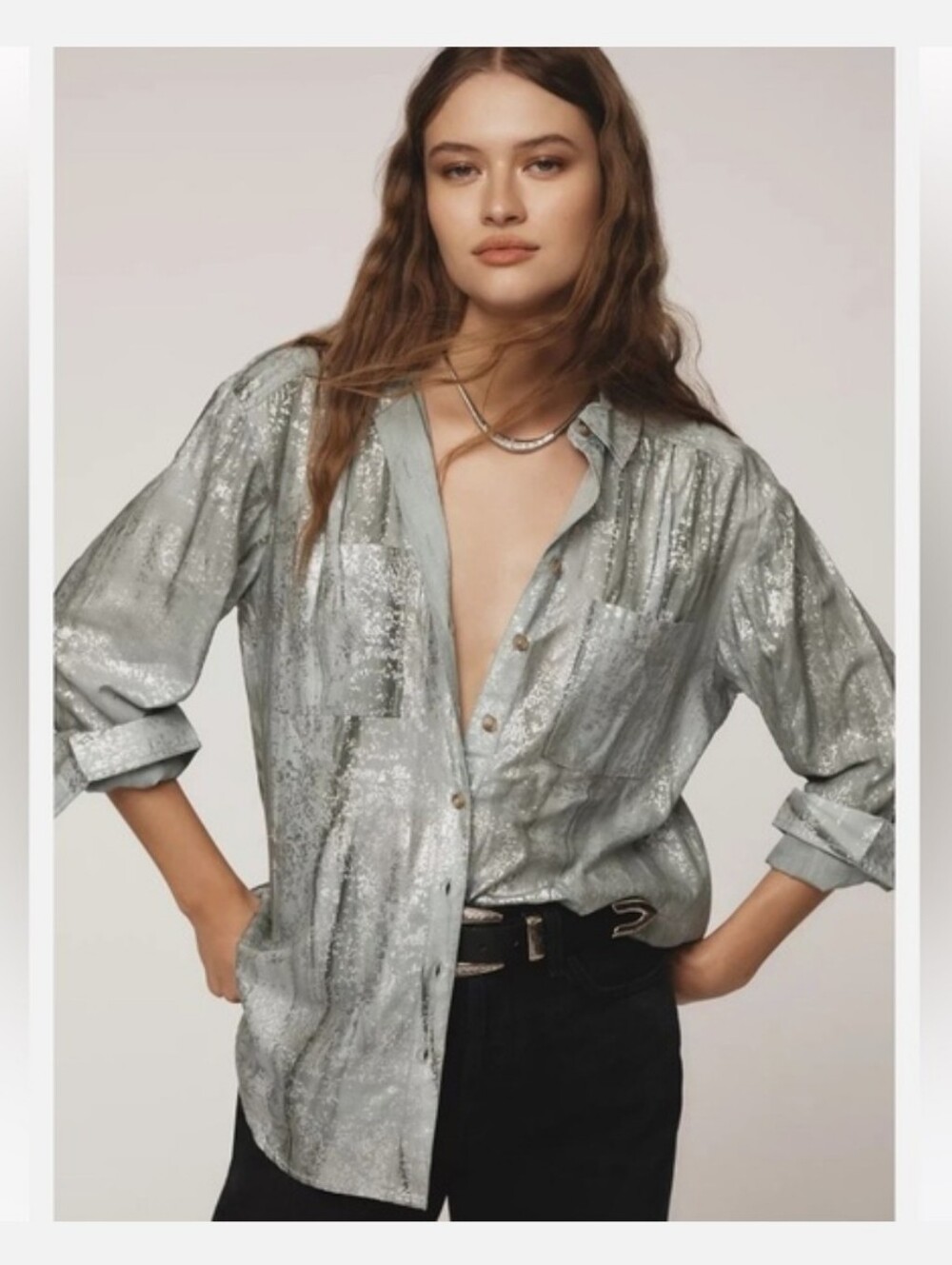 Anthropologie Pilcro Foil Shine Top Metallic Light Green Button-Down Shirt